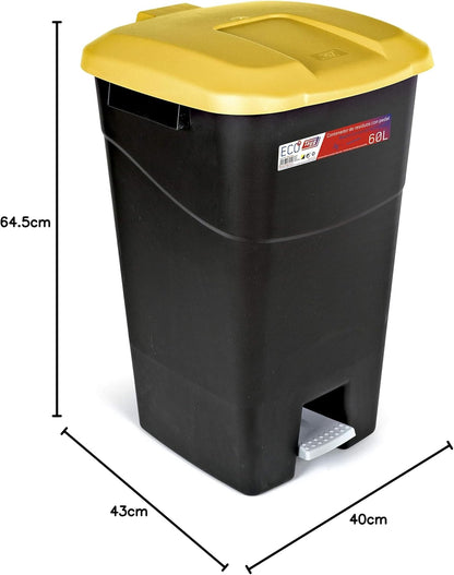 Tayg - Poubelle de 60 litres avec pédale, base noire et couvercle jaune, plastique