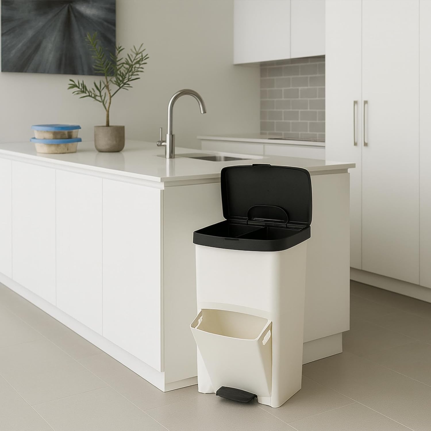 Poubelle 70L, VERTICAL, 2 compartiments, poubelle à déchets, 76 cm, gestion facile