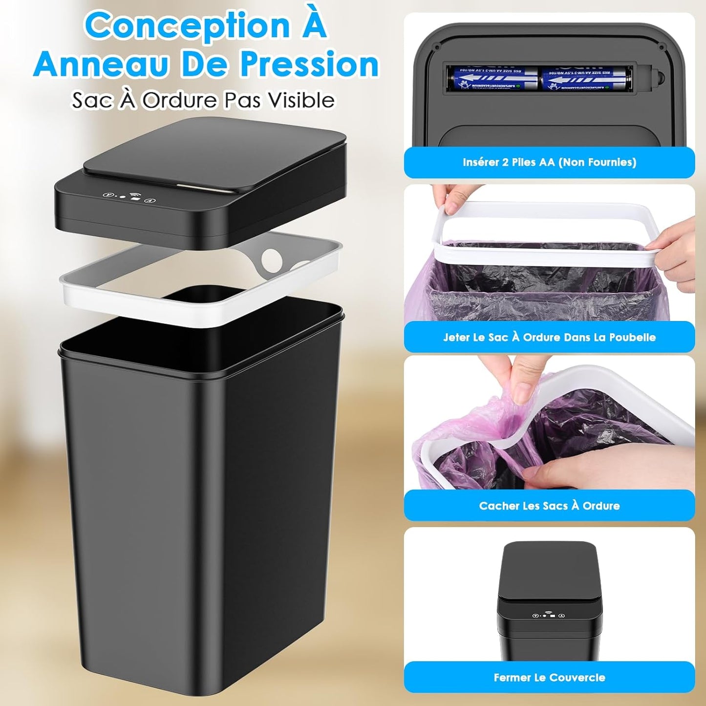 ot de 2 poubelles électriques avec capteur, 12 l, avec couvercle automatique, intelligent, avec 3 modes d'ouverture, silencieuses et étanches