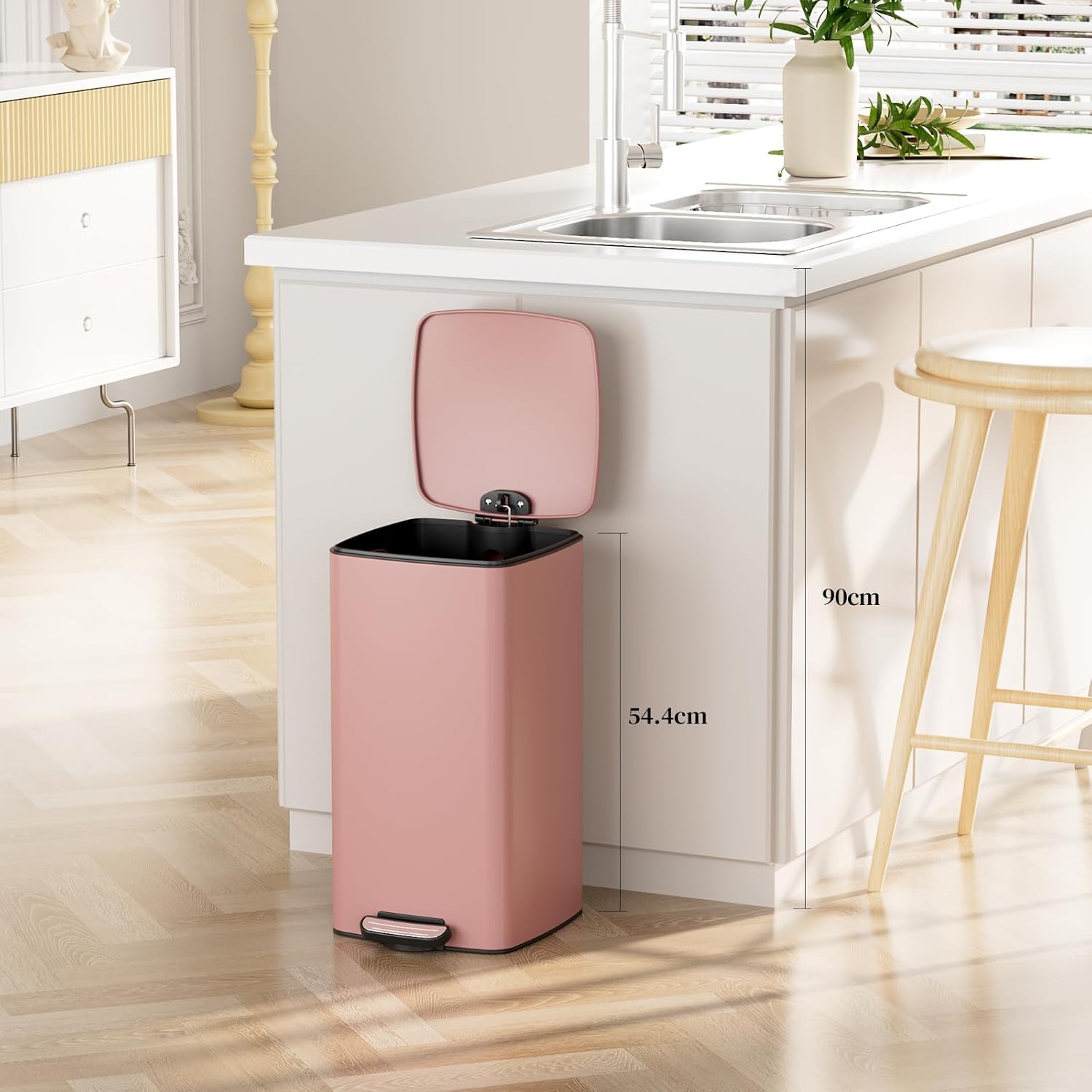 LIFERUN 30L Kitchen Pedal Bin, Rectangular Steel Trash Can with Soft-Close Lid, Interior Bucket and Open Hold Function for Kitchen, Living Room and Office - Pink