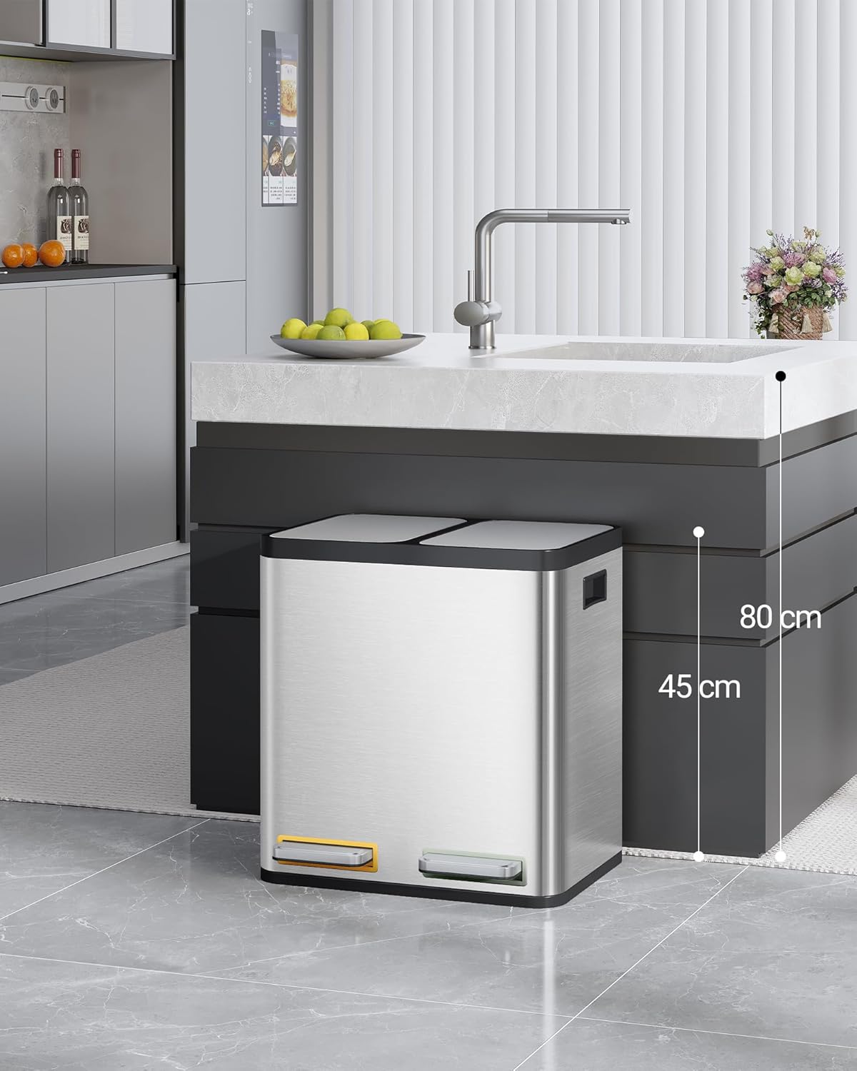 Hzuaneri Poubelle Cuisine, 30L (2 x 15 L), Poubelle Tri Selectif 2, Poubelles Tri avec Pédales à code couleur, Ilencieux et retombe lentement, avec 15 Sacs Poubelles, pour Cuisine, Argent SW21599E