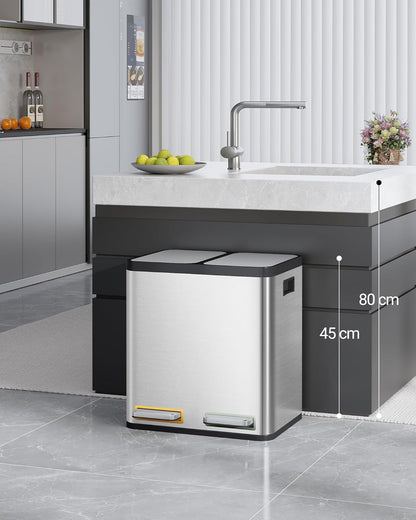 Hzuaneri Poubelle Cuisine, 30L (2 x 15 L), Poubelle Tri Selectif 2, Poubelles Tri avec Pédales à code couleur, Ilencieux et retombe lentement, avec 15 Sacs Poubelles, pour Cuisine, Argent SW21599E