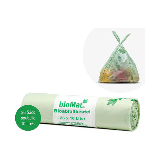 bioMat Sac Poubelle Compostable 10l avec Poignée, 26 Sacs, Qualité Supérieure, Certifié DINplus, Fabriqué en Allemagne