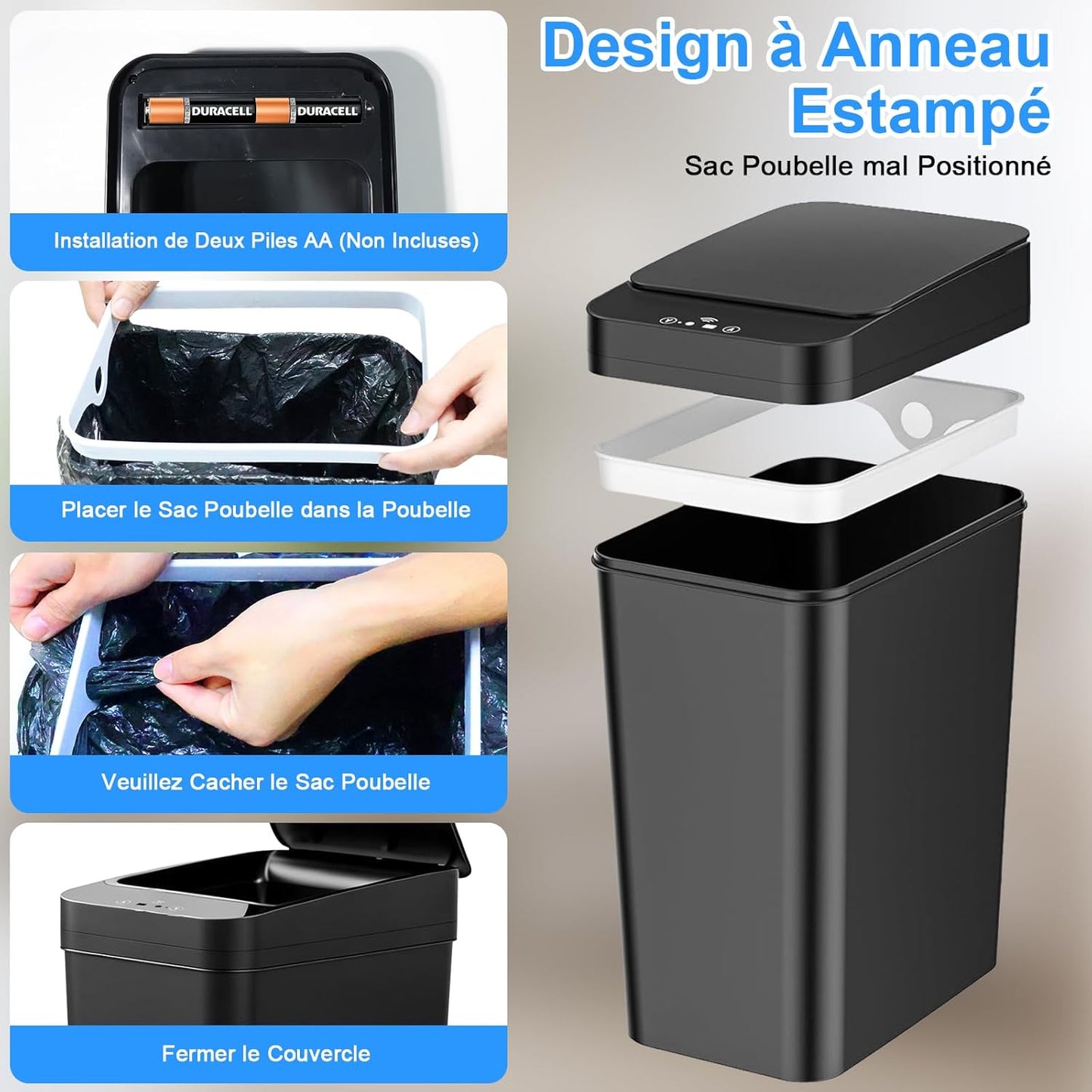 Pack de 2 Poubelles Automatiques (12L & 15L) avec Capteur de Mouvement – Poubelle de Salle de Bain, Poubelles Intelligentes Étanches et Silencieuses pour Cuisine, Salle de Bain, Bureau et Chambre Noir