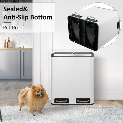 Clevich Poubelle de cuisine, 30 l, système de tri sélectif, 2 x 15 litres, sac poubelle de bureau, poubelle à pédale, déchets recyclables, déchets biologiques, couvercle Softclose, blanche