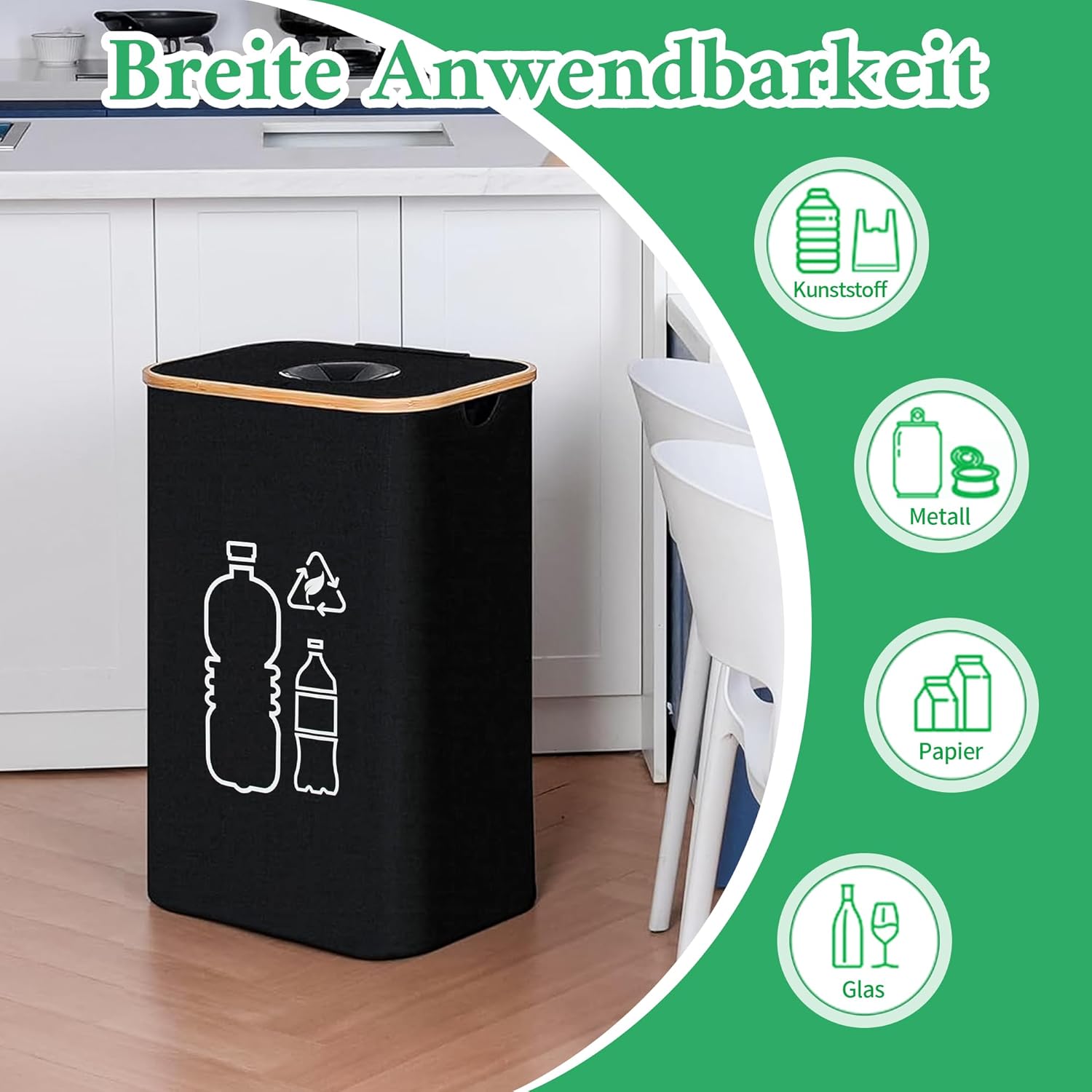 Poubelle de Tri Sélectif 100L avec Couvercle–Collecteur de Bouteilles Pliable avec Trou de Dépôt et Sacs de Transport, Idéale pour le Recyclage en Cuisine et en Extérieur