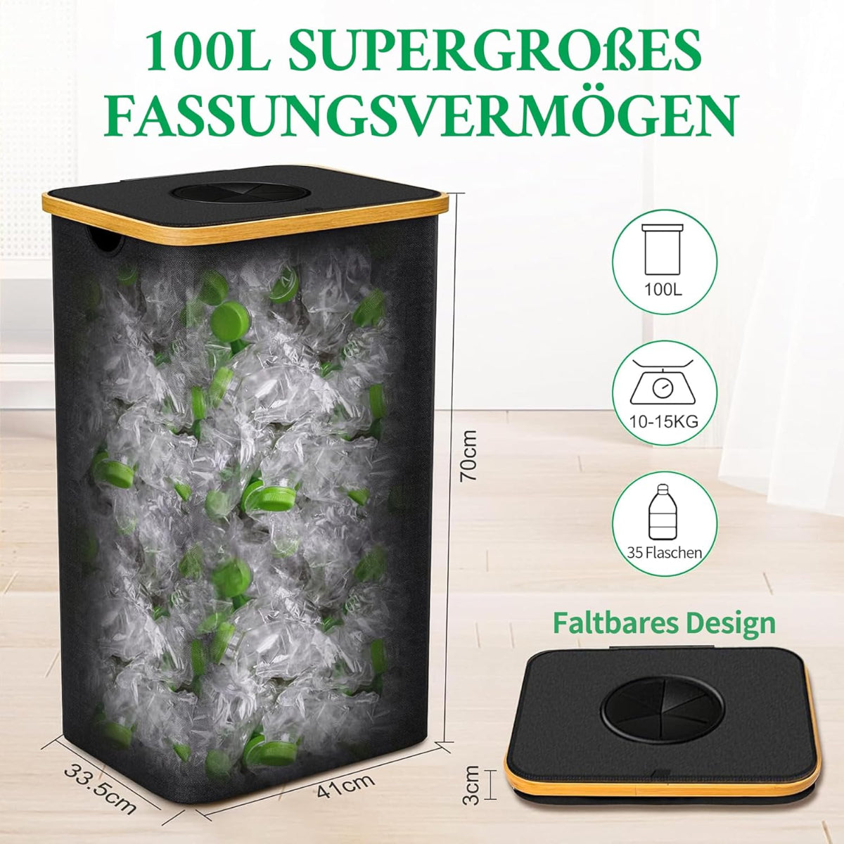 Poubelle de Tri Sélectif 100L avec Couvercle–Collecteur de Bouteilles Pliable avec Trou de Dépôt et Sacs de Transport, Idéale pour le Recyclage en Cuisine et en Extérieur