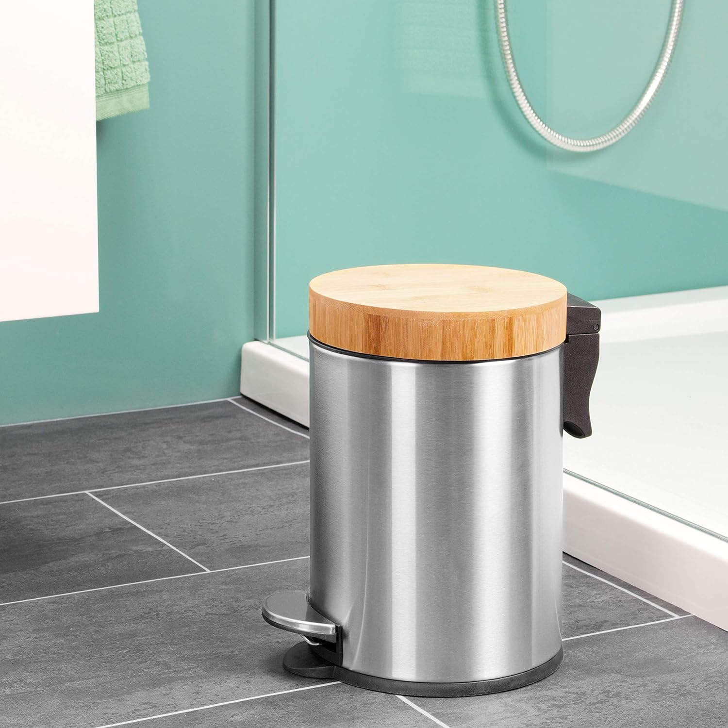 bremermann Seau de salle de bain avec couvercle en bambou - 3 l - En acier inoxydable mat