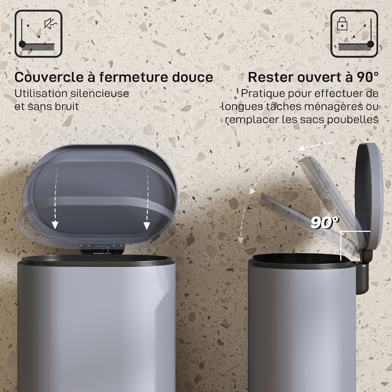 HOMCOM Poubelle cuisine 6L compacte, poubelle à pédale en métal avec seau intérieur amovible, couvercle à fermeture douce, anti-traces de doigts, pour chambre, salle de bain, bureau, grise