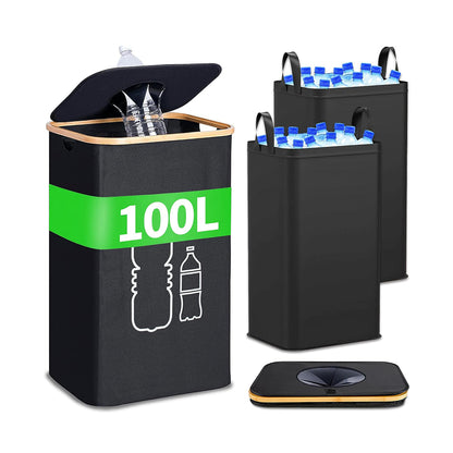 Poubelle de Tri Sélectif 100L avec Couvercle–Collecteur  de Bouteilles Pliable avec Trou de Dépôt et Sacs de Transport, Idéale pour le Recyclage en Cuisine et en Extérieur