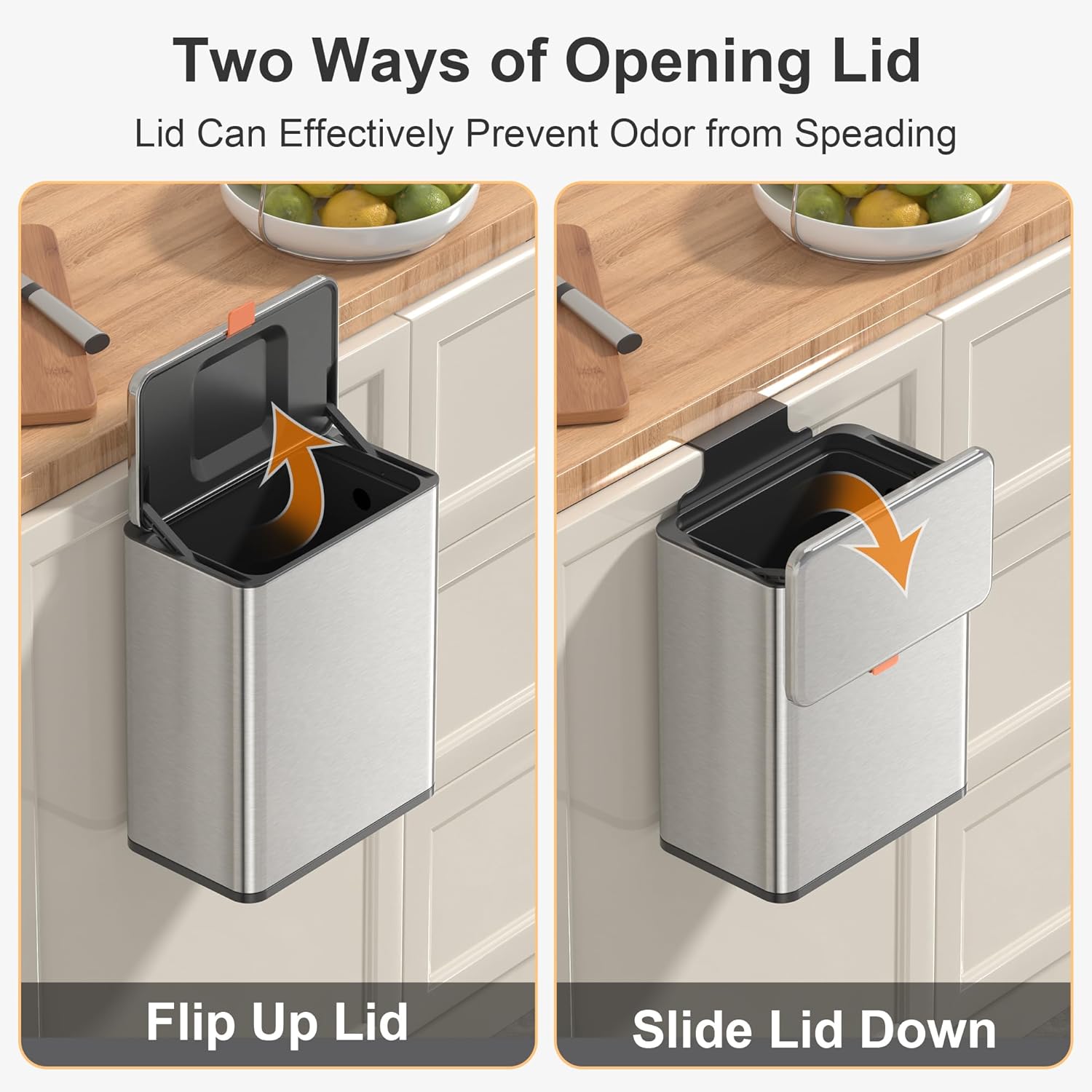 Mbillion Poubelle à compost de cuisine, poubelle suspendue avec couvercle, 8 l, poubelle en acier inoxydable pour portes d'armoires de cuisine, poubelle montée sous l'évier, porte, camping-car, salle