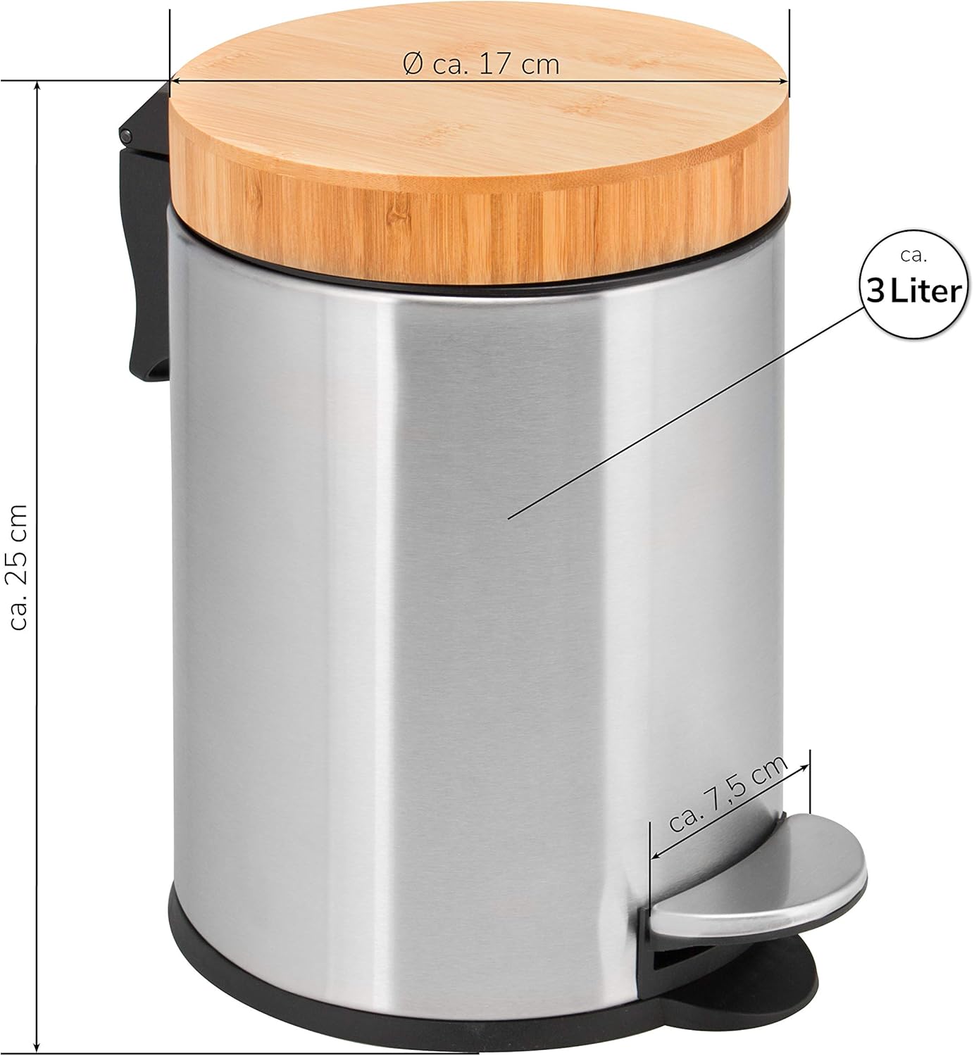bremermann Seau de salle de bain avec couvercle en bambou - 3 l - En acier inoxydable mat