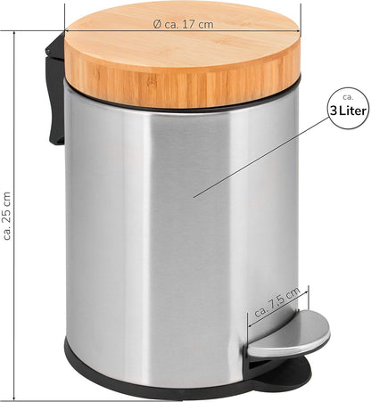 bremermann Seau de salle de bain avec couvercle en bambou - 3 l - En acier inoxydable mat
