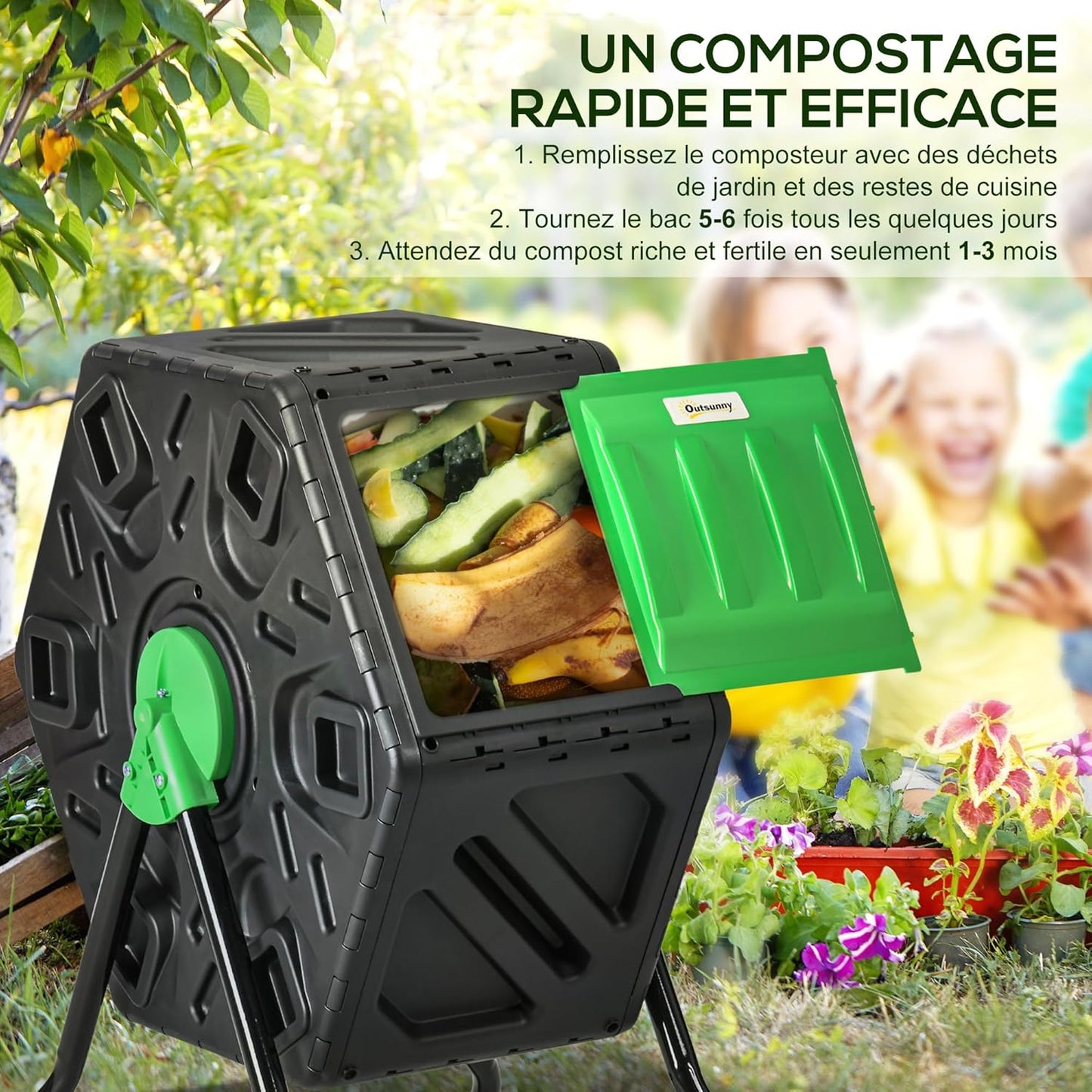 Outsunny Composteur de Jardin - bac à Compost pour déchets - Rotatif 360° - 1 Chambre 65 L - Acier PP Noir