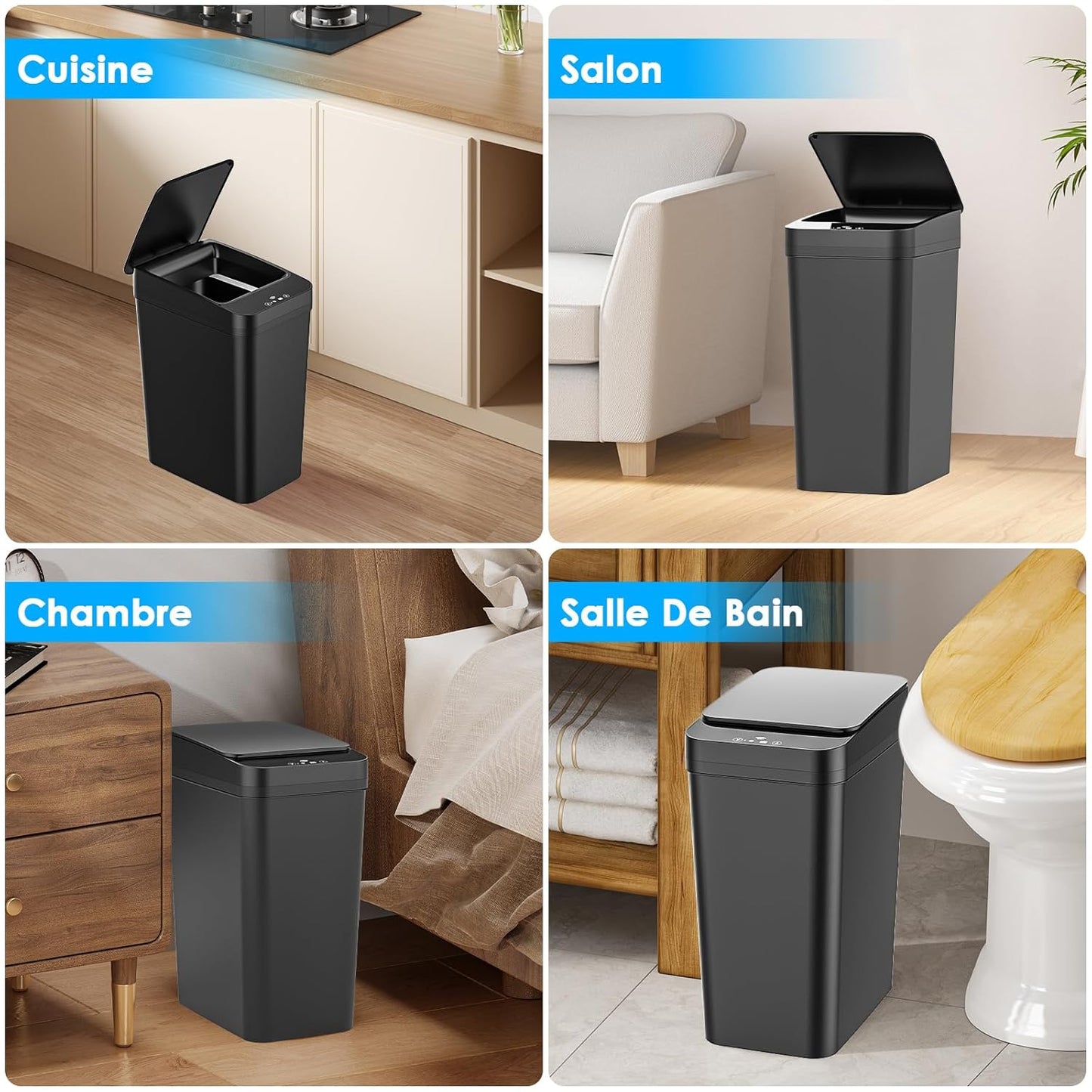 Lot de 2 poubelles électriques avec capteur, 12 l, avec couvercle automatique, intelligent, avec 3 modes 