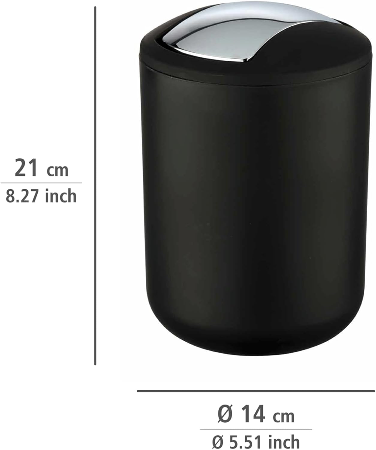 Poubelle noire 2 Litres avec couvercle basculant, 14x21x14 cm