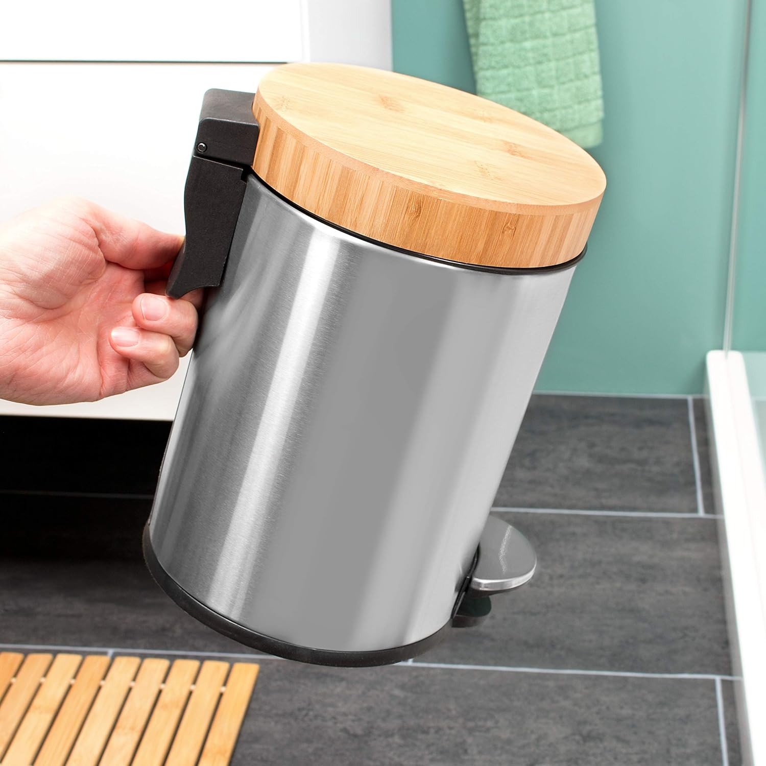  poubelle corbeille de salle de bain avec couvercle en bambou - 3 l - En acier inoxydable mat