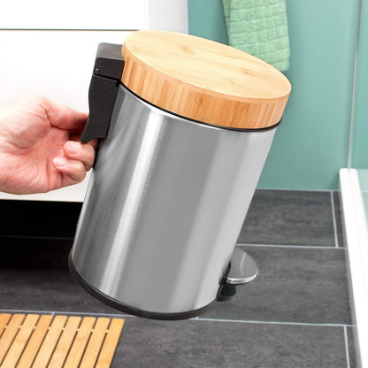  poubelle corbeille de salle de bain avec couvercle en bambou - 3 l - En acier inoxydable mat