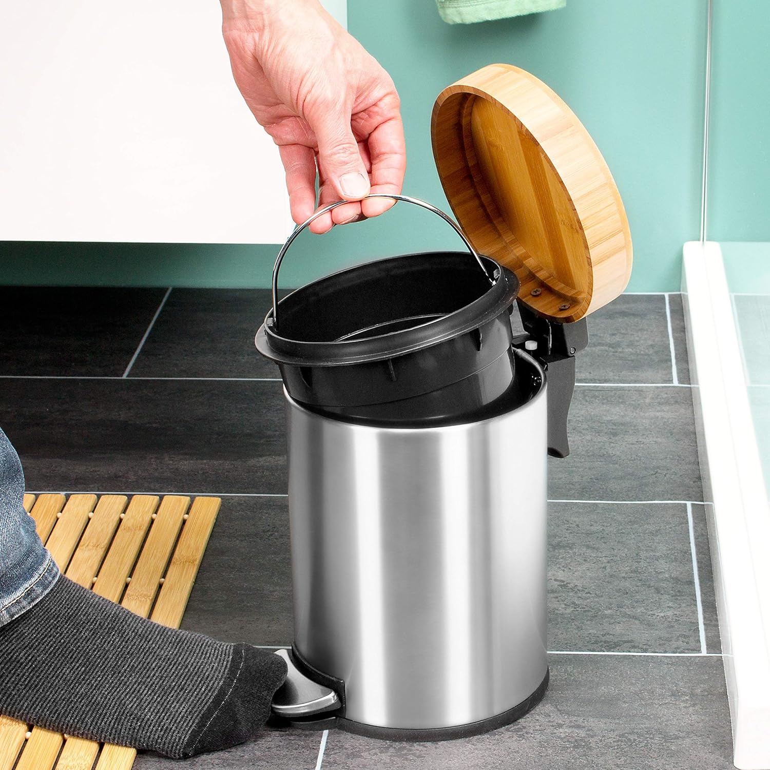  salle de bain avec couvercle en bambou - 3 l - En acier inoxydable mat poubella